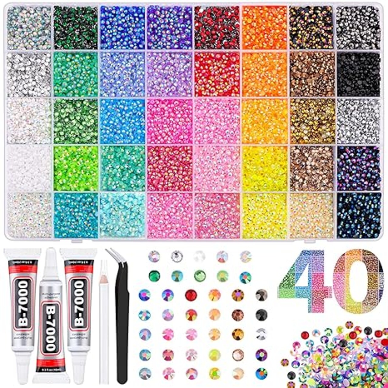 40000Pcs 40 Colors Jelly Rhinestones for Bedazzling, 3mm Multicolor Resin Flatback Gems for Diamond Art, Bedazzler Kit with 3Pcs 10ml B7000 Jewelry Glue for Bedazzle Thing Crafting Book Nail Art